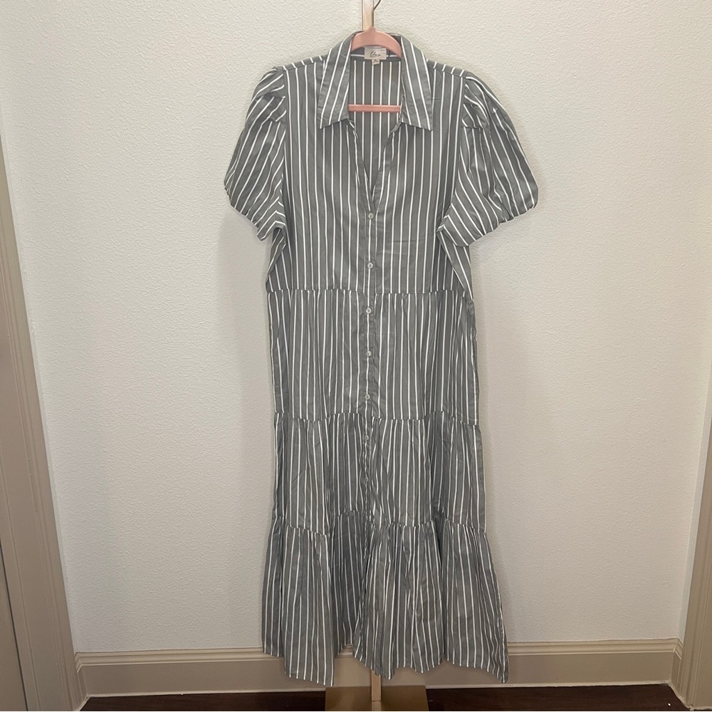 Elan Women's Poplin Striped Button-Front Puff-Sleeve Dress Grey White XL